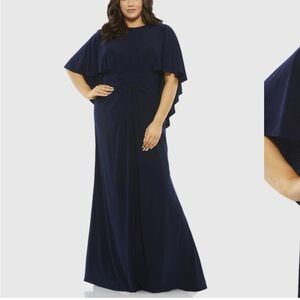 Mac Duggal Navy Jersey Cape Sleeve A Line Gown (Plus) Size 20